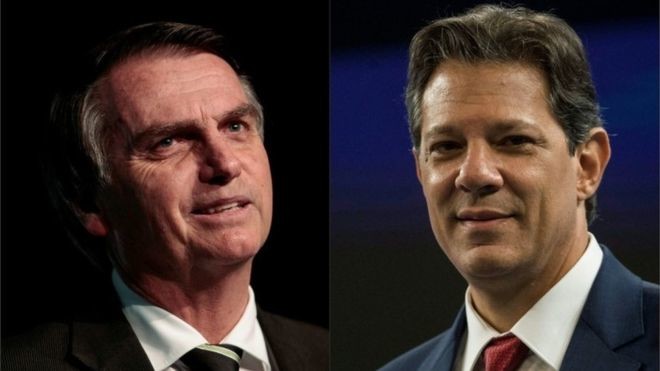Foto de Bolsonaro novo presidente do Brasil ao lado de uma foto de Haddad