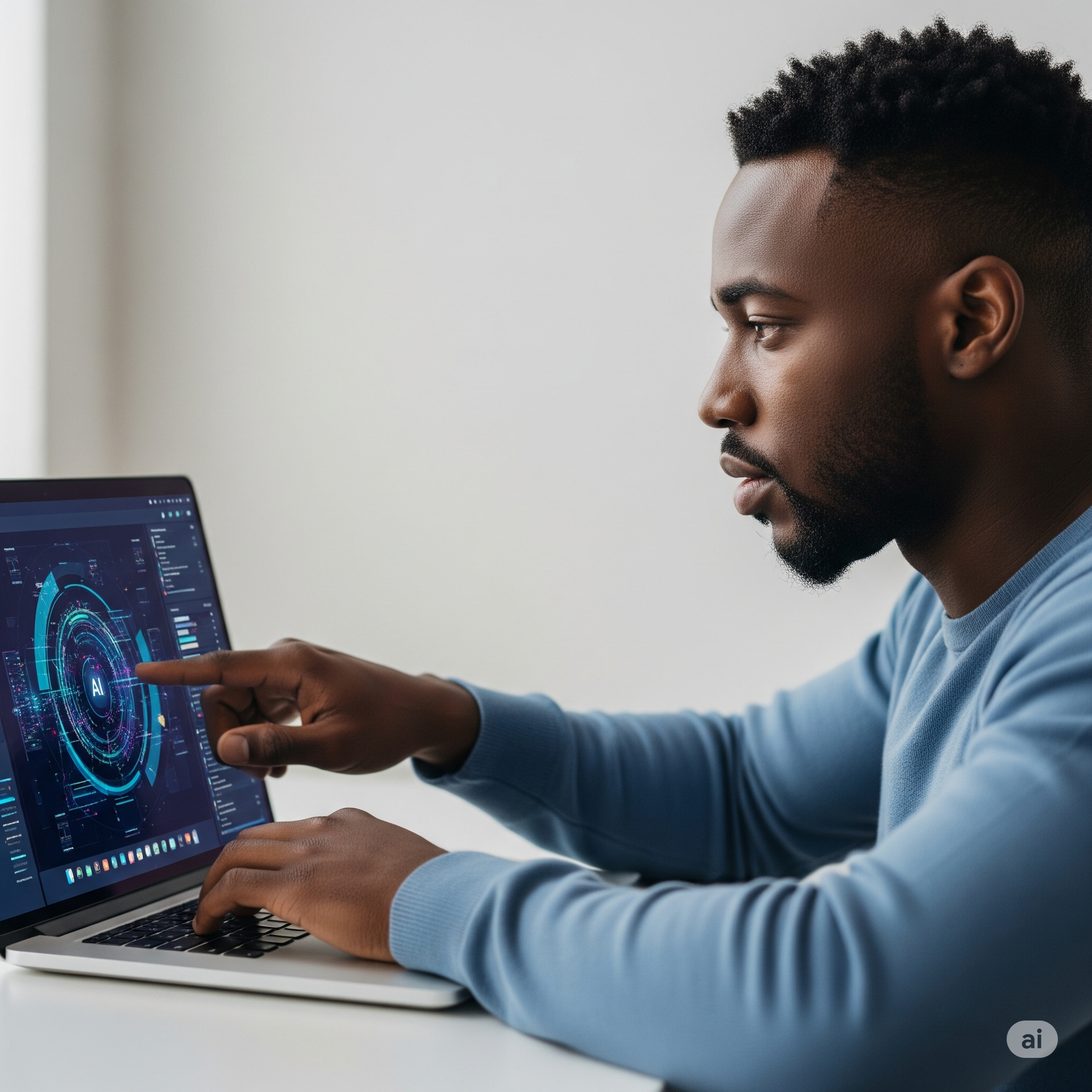 Homem negro usando IA no computador: Acesso à IA e contexto.