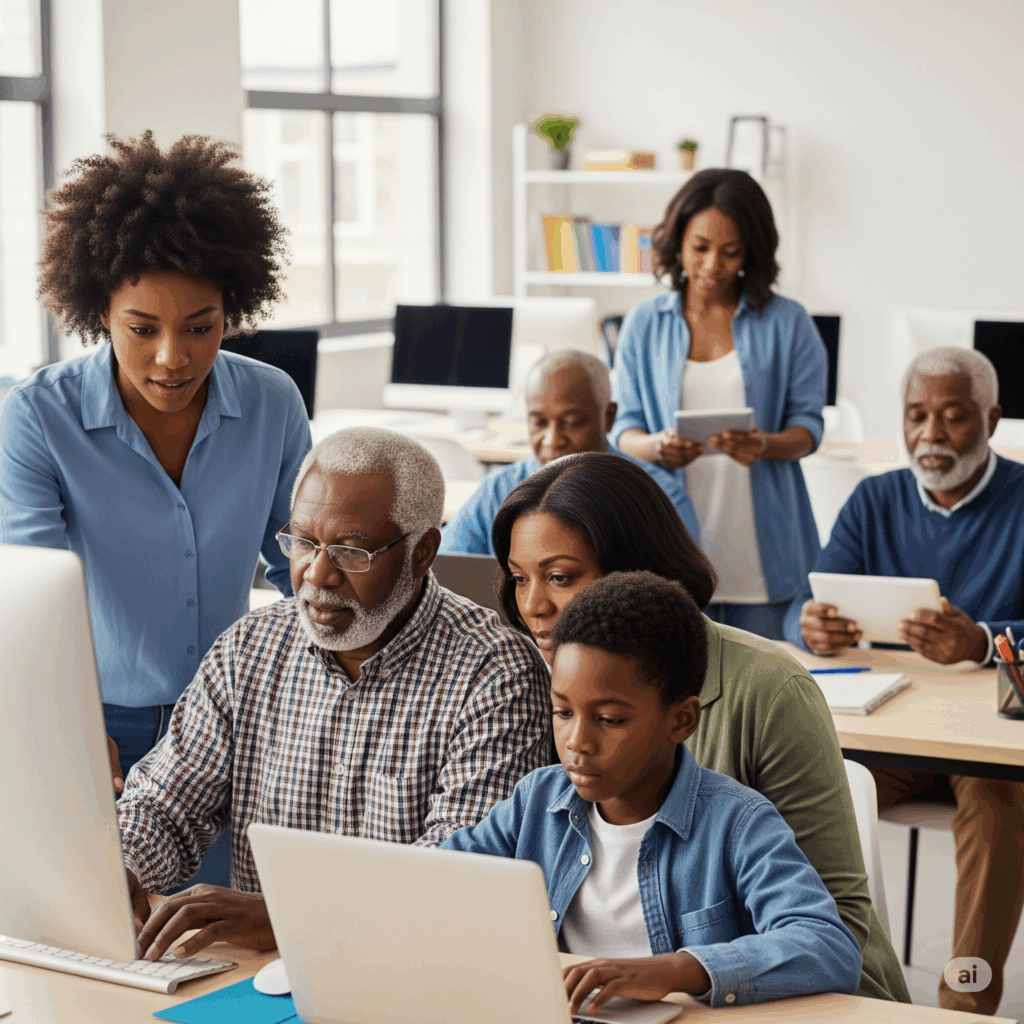 Acesso à tecnologia e inclusão digital: Grupo diverso de pessoas negras aprendendo a usar computadores.