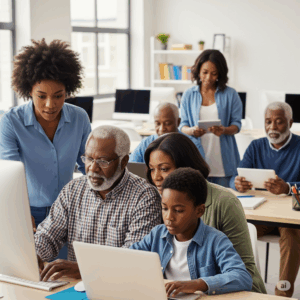 Acesso à tecnologia e inclusão digital: Grupo diverso de pessoas negras aprendendo a usar computadores.