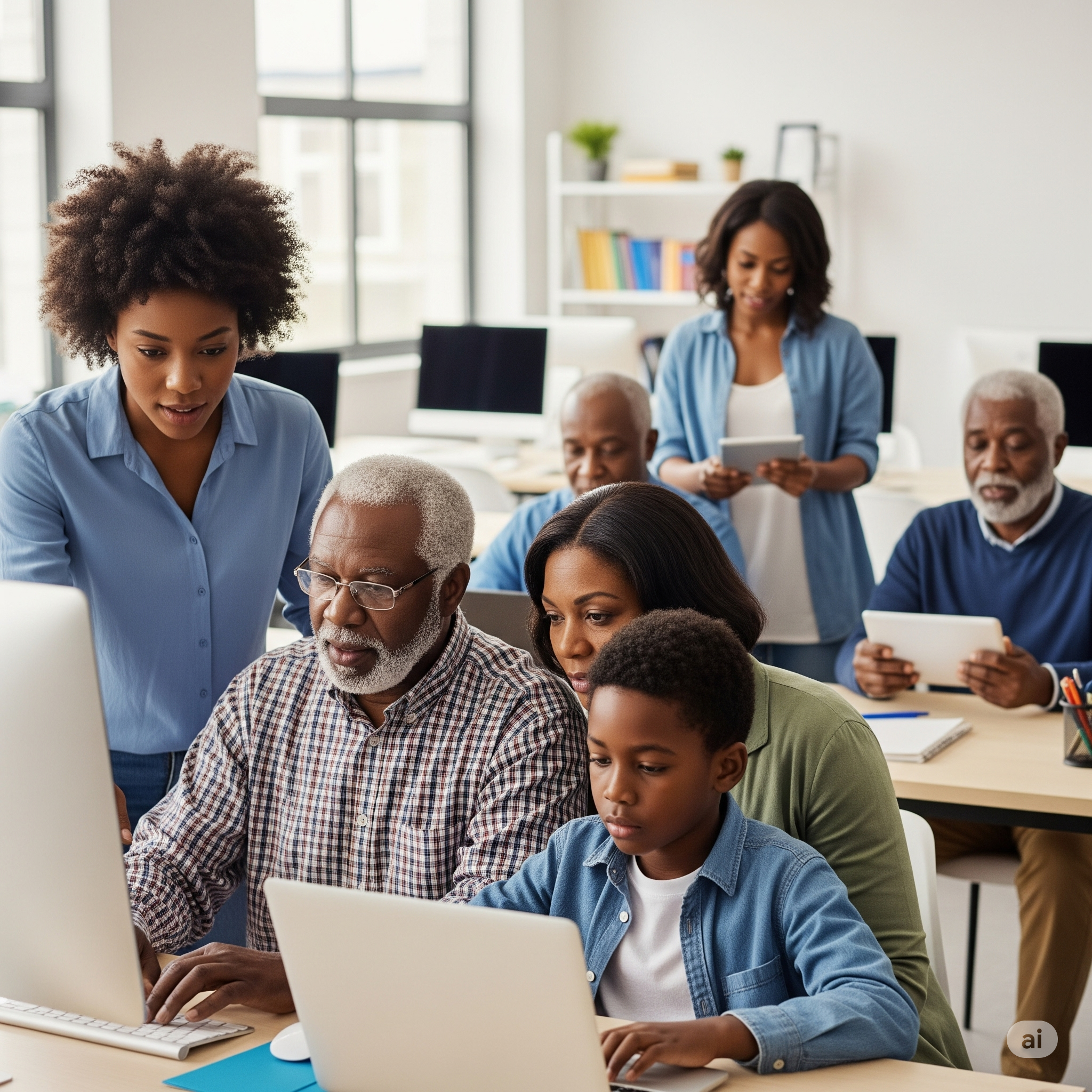 Acesso à tecnologia e inclusão digital: Grupo diverso de pessoas negras aprendendo a usar computadores.