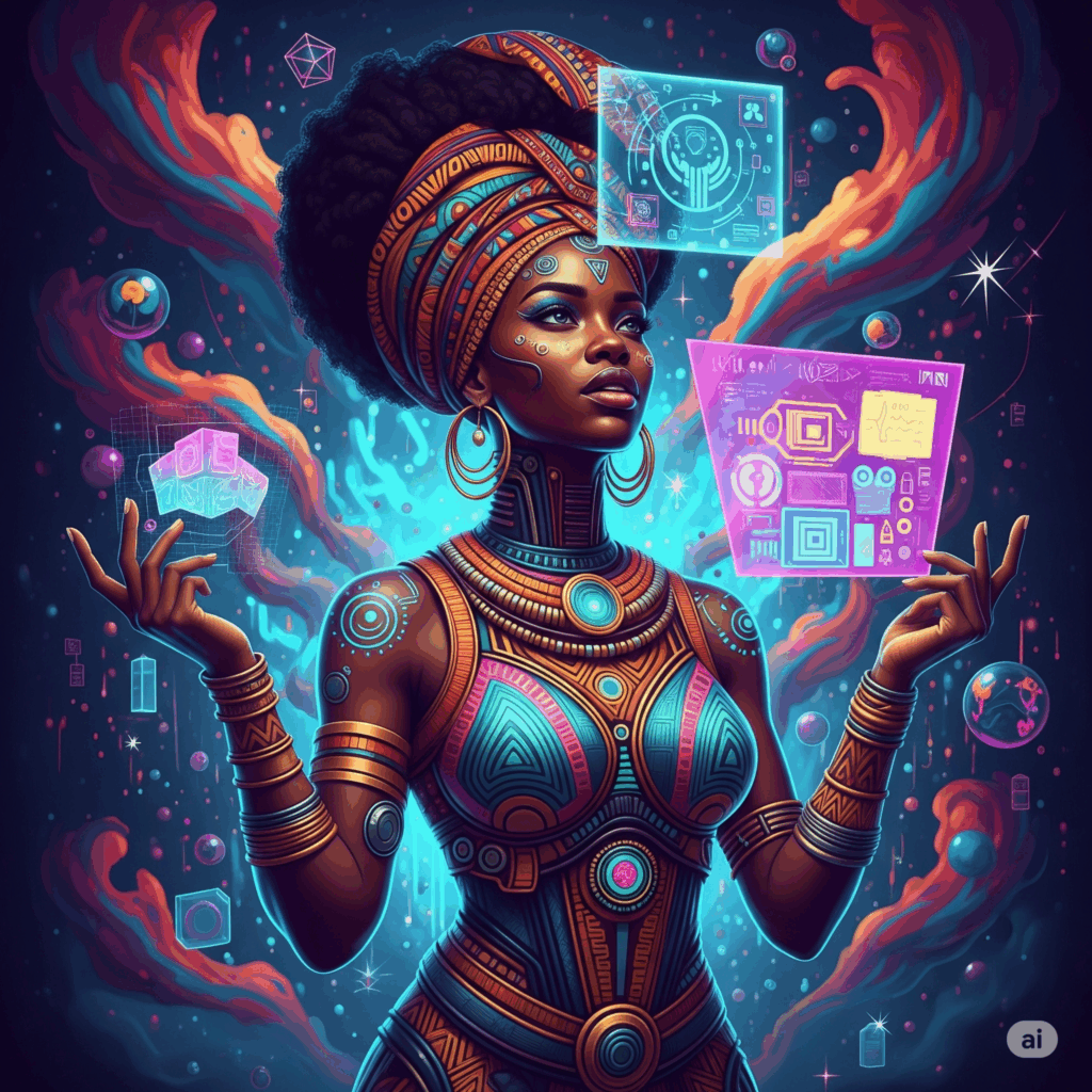 Afrofuturismo e inovação negra: Mulher negra com elementos tecnológicos e padrões africanos