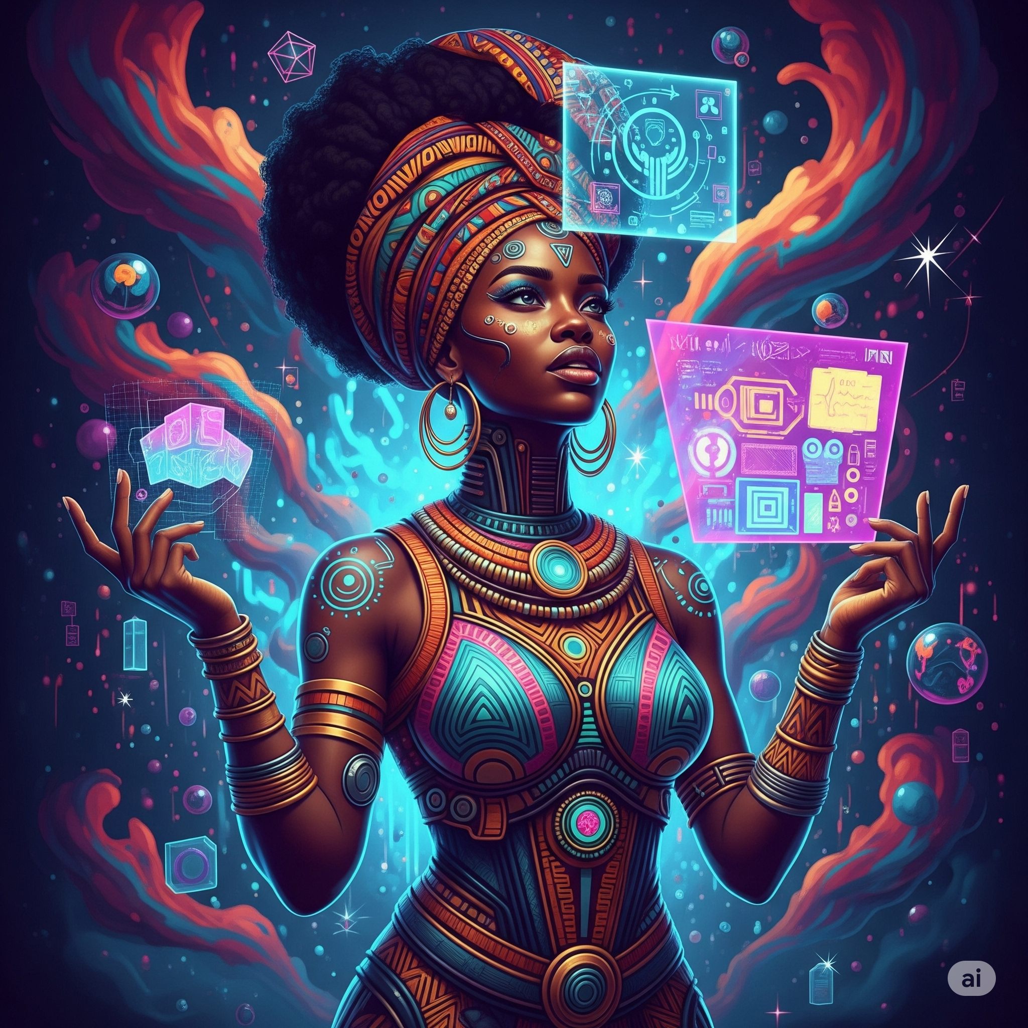 Afrofuturismo e inovação negra: Mulher negra com elementos tecnológicos e padrões africanos