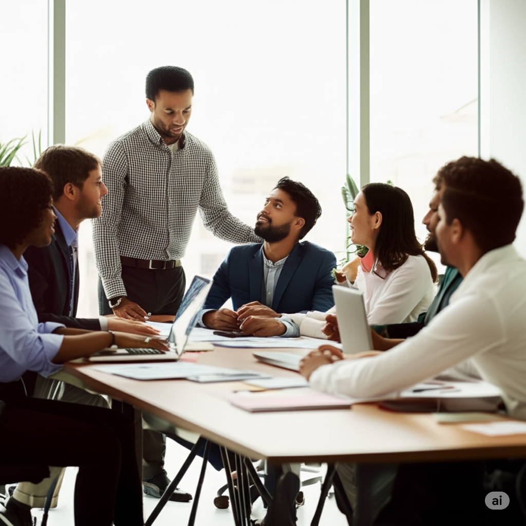 Preparar Times para Trabalhar com IA: Equipe diversa de profissionais negros e pardos colaborando e aprendendo.