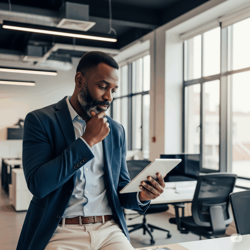Diversidade como ativo estratégico na era da IA e da hiperprodutividade Homem negro pensativo em escritório moderno.