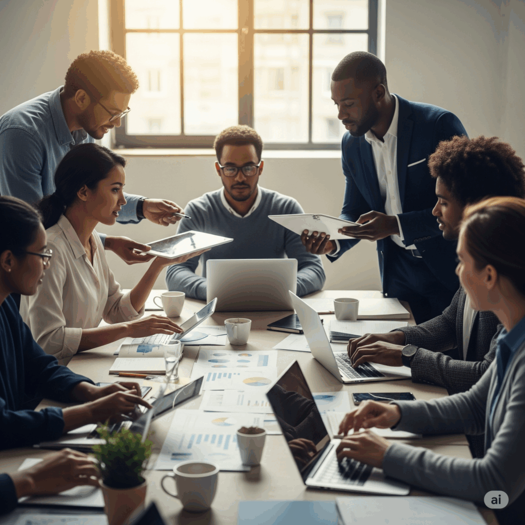 Diversidade e Inclusão em um mundo dominado por IA: Equipe diversa e inclusiva trabalhando