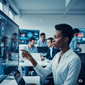 Futuro do Trabalho Negro e Digital: Mulher negra interagindo com IA.