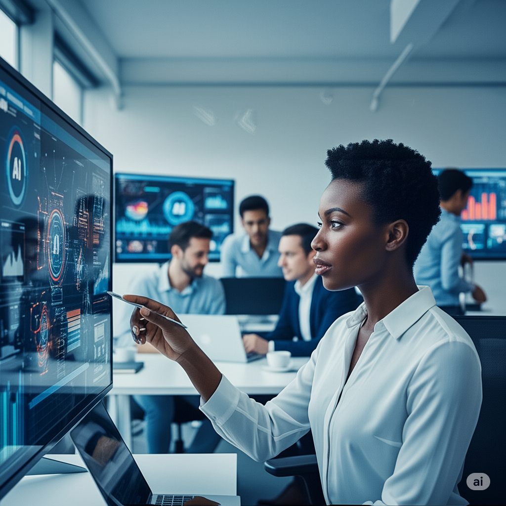Futuro do Trabalho Negro e Digital: Mulher negra interagindo com IA.