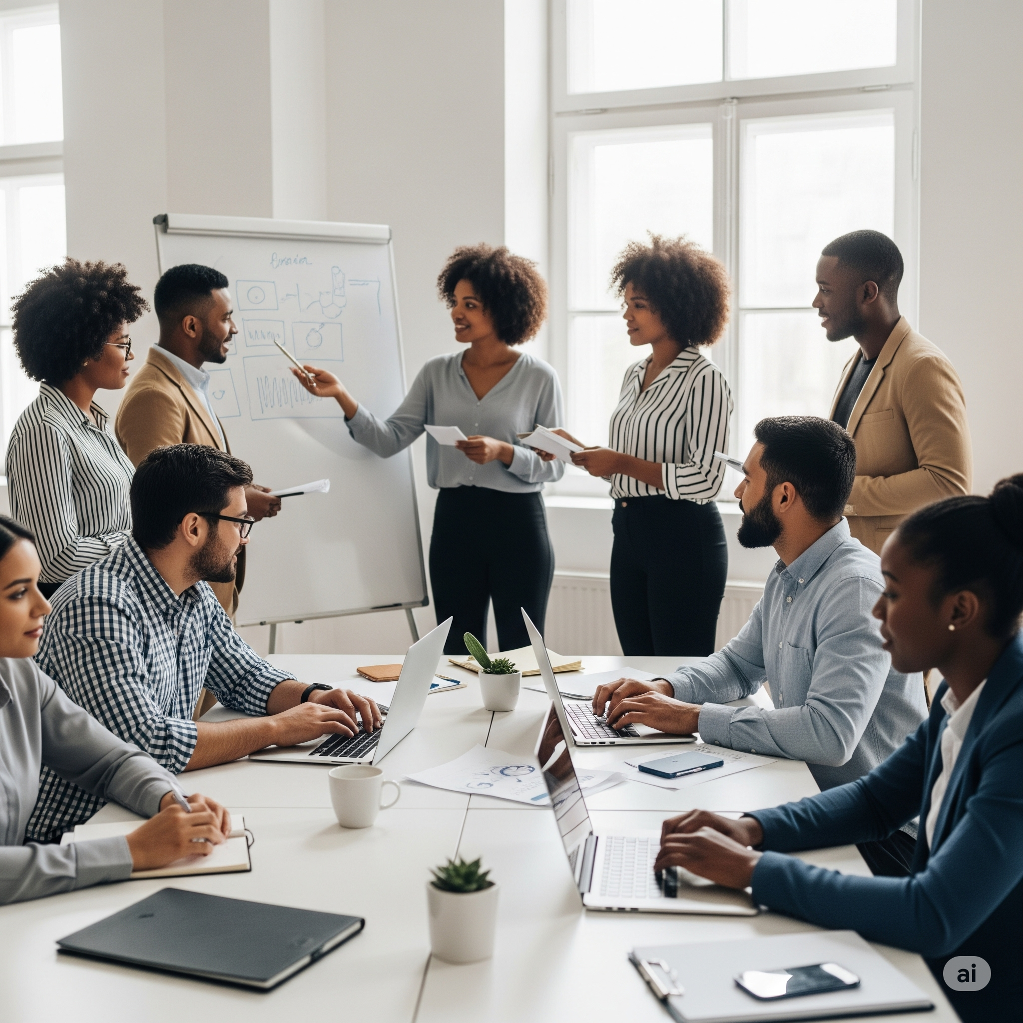 Adotar uma estratégia IA First: Equipe diversa criando estratégia.