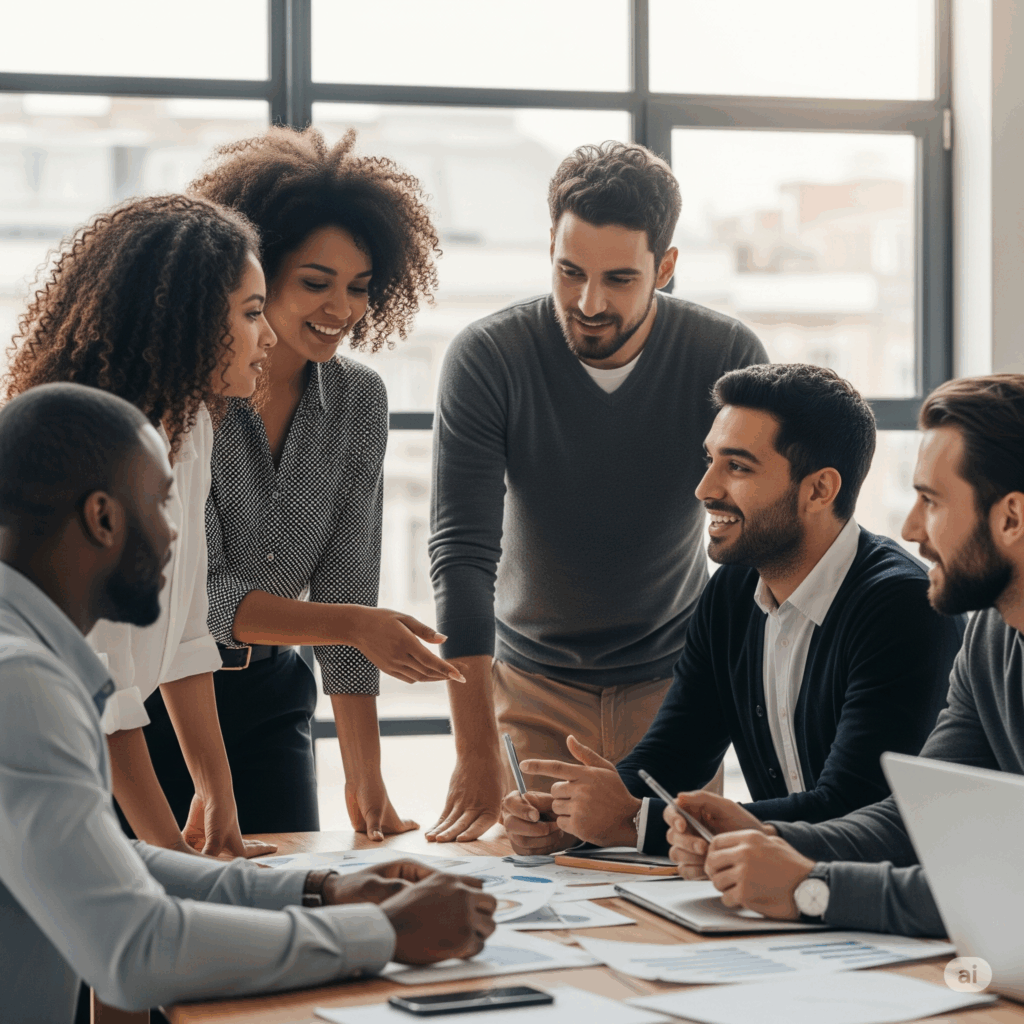 IA não substitui contexto: Equipe diversa de profissionais negros e pardos colaborando.