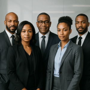Cinco líderes negros — dois homens e três mulheres — posam lado a lado em trajes formais, da cintura para cima, em estilo de capa de revista de negócios. A imagem transmite força e união, com o foco em "Lideranças negras no C-Level de inovação"
