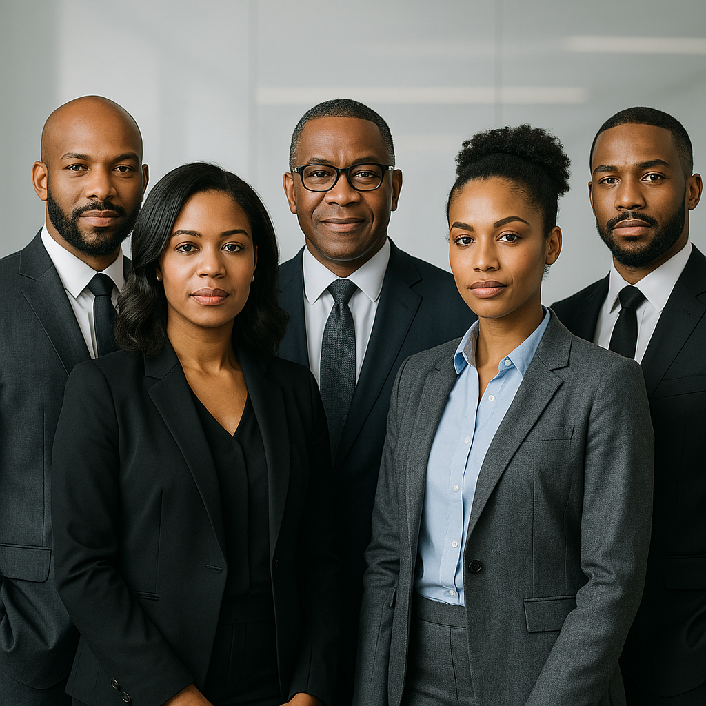 Cinco líderes negros — dois homens e três mulheres — posam lado a lado em trajes formais, da cintura para cima, em estilo de capa de revista de negócios. A imagem transmite força e união, com o foco em "Lideranças negras no C-Level de inovação"