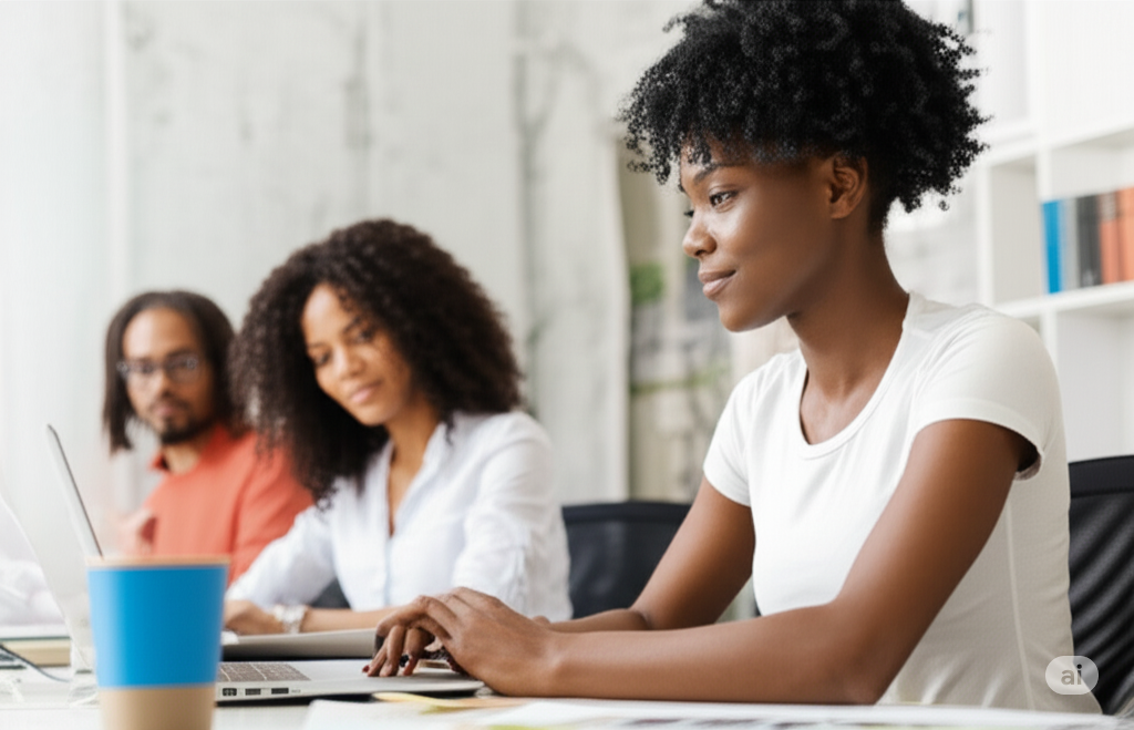 Requalificar talentos para IA: Grupo diverso aprendendo em um ambiente de trabalho moderno.
